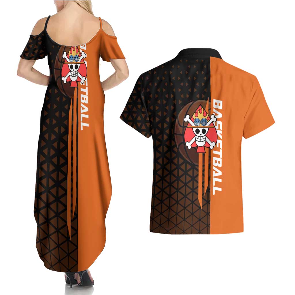 Portgas D Ace One Piece Basketball Theme Orange and Black Design Couples Matching Summer Maxi Dress and Hawaiian Shirt with Flame Ball and Whitebeard Pirates Emblem - The Mazicc