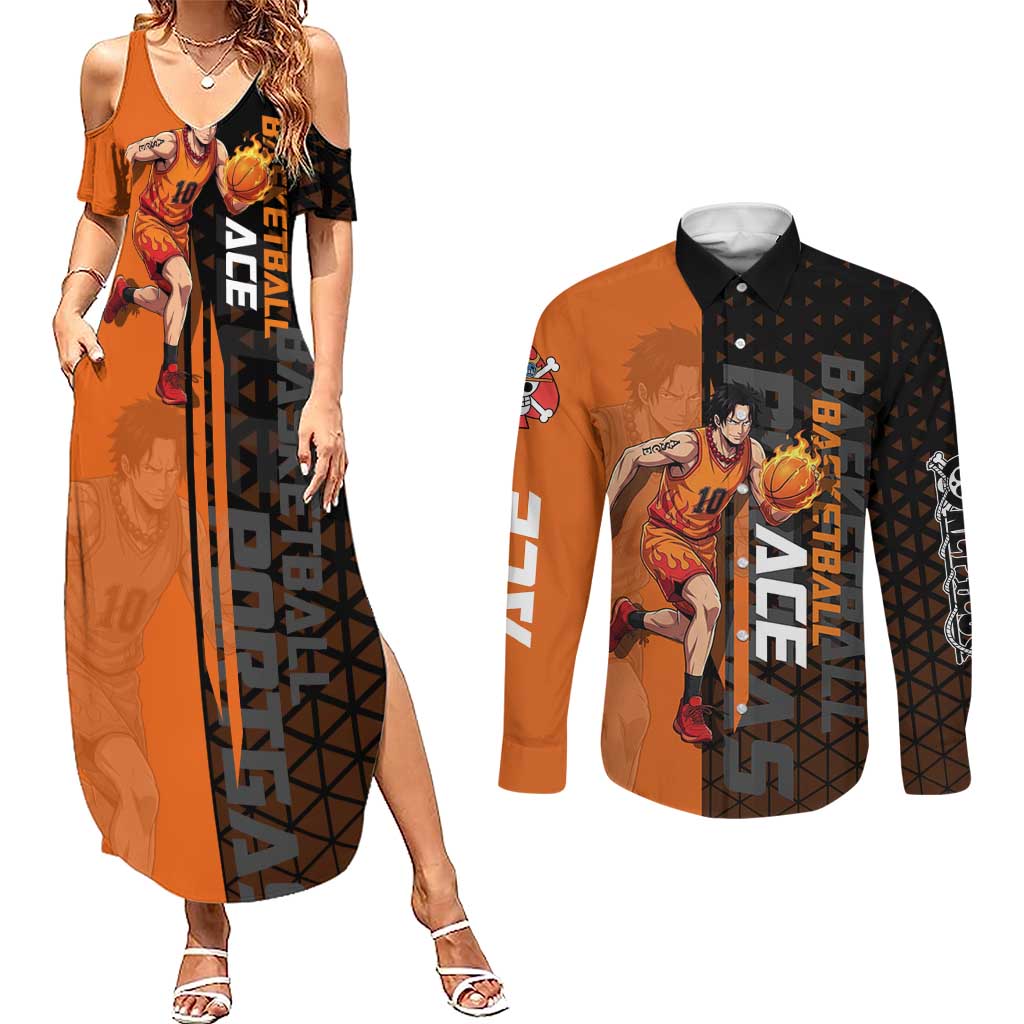 Portgas D Ace One Piece Basketball Theme Orange and Black Design Couples Matching Summer Maxi Dress and Long Sleeve Button Shirt with Flame Ball and Whitebeard Pirates Emblem - The Mazicc