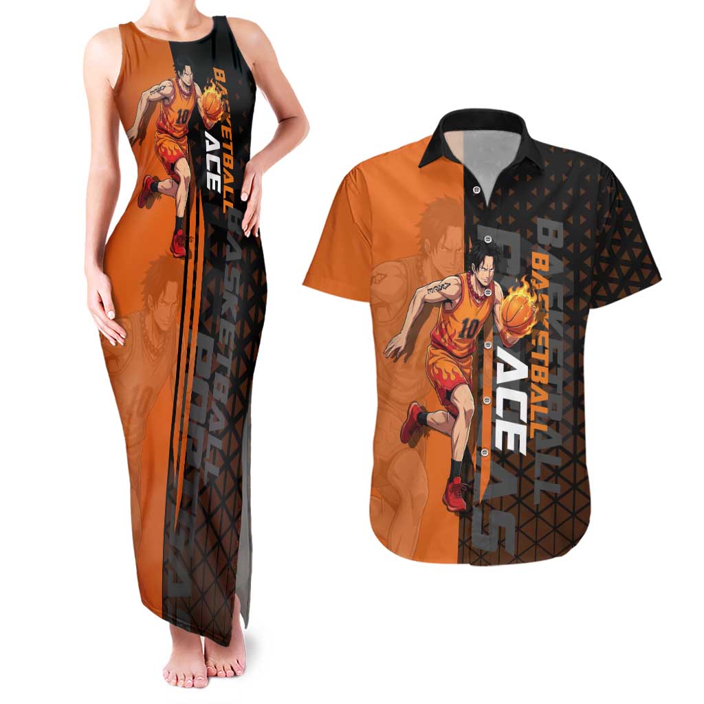 Portgas D Ace One Piece Basketball Theme Orange and Black Design Couples Matching Tank Maxi Dress and Hawaiian Shirt with Flame Ball and Whitebeard Pirates Emblem - The Mazicc