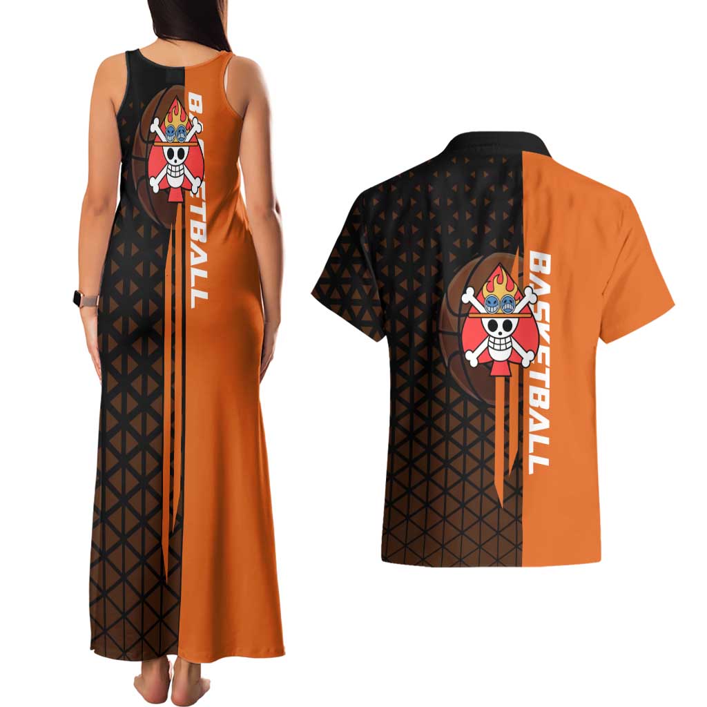 Portgas D Ace One Piece Basketball Theme Orange and Black Design Couples Matching Tank Maxi Dress and Hawaiian Shirt with Flame Ball and Whitebeard Pirates Emblem - The Mazicc