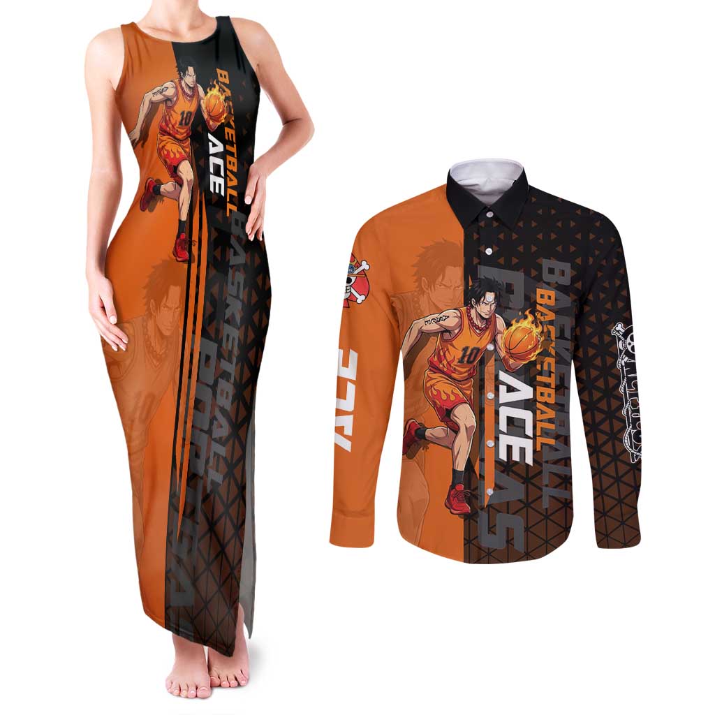 Portgas D Ace One Piece Basketball Theme Orange and Black Design Couples Matching Tank Maxi Dress and Long Sleeve Button Shirt with Flame Ball and Whitebeard Pirates Emblem - The Mazicc