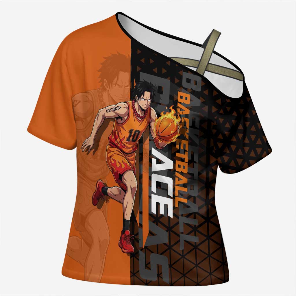 Portgas D Ace One Piece Basketball Theme Orange and Black Design Cross Shoulder Shirt with Flame Ball and Whitebeard Pirates Emblem - The Mazicc