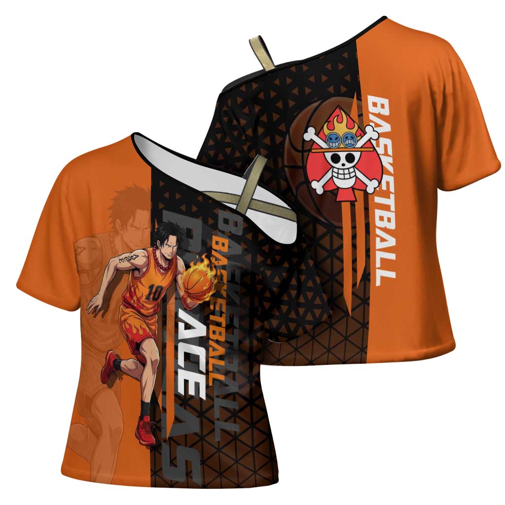 Portgas D Ace One Piece Basketball Theme Orange and Black Design Cross Shoulder Shirt with Flame Ball and Whitebeard Pirates Emblem - The Mazicc