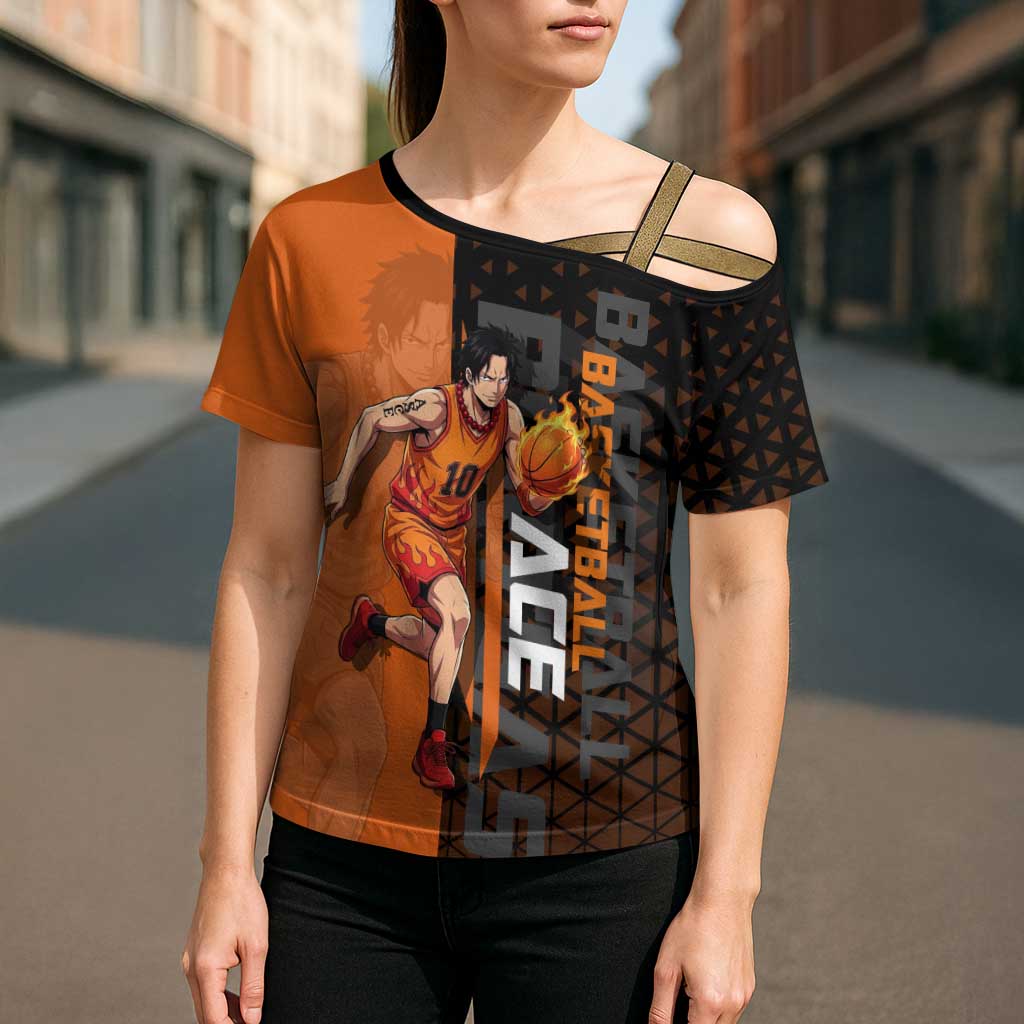 Portgas D Ace One Piece Basketball Theme Orange and Black Design Cross Shoulder Shirt with Flame Ball and Whitebeard Pirates Emblem - The Mazicc