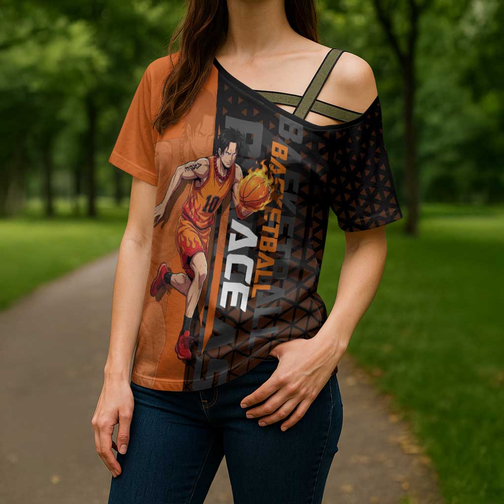 Portgas D Ace One Piece Basketball Theme Orange and Black Design Cross Shoulder Shirt with Flame Ball and Whitebeard Pirates Emblem - The Mazicc