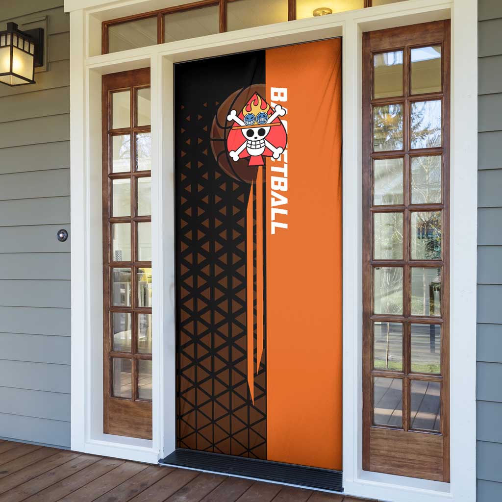 Portgas D Ace One Piece Basketball Theme Orange and Black Design Door Cover with Flame Ball and Whitebeard Pirates Emblem - The Mazicc