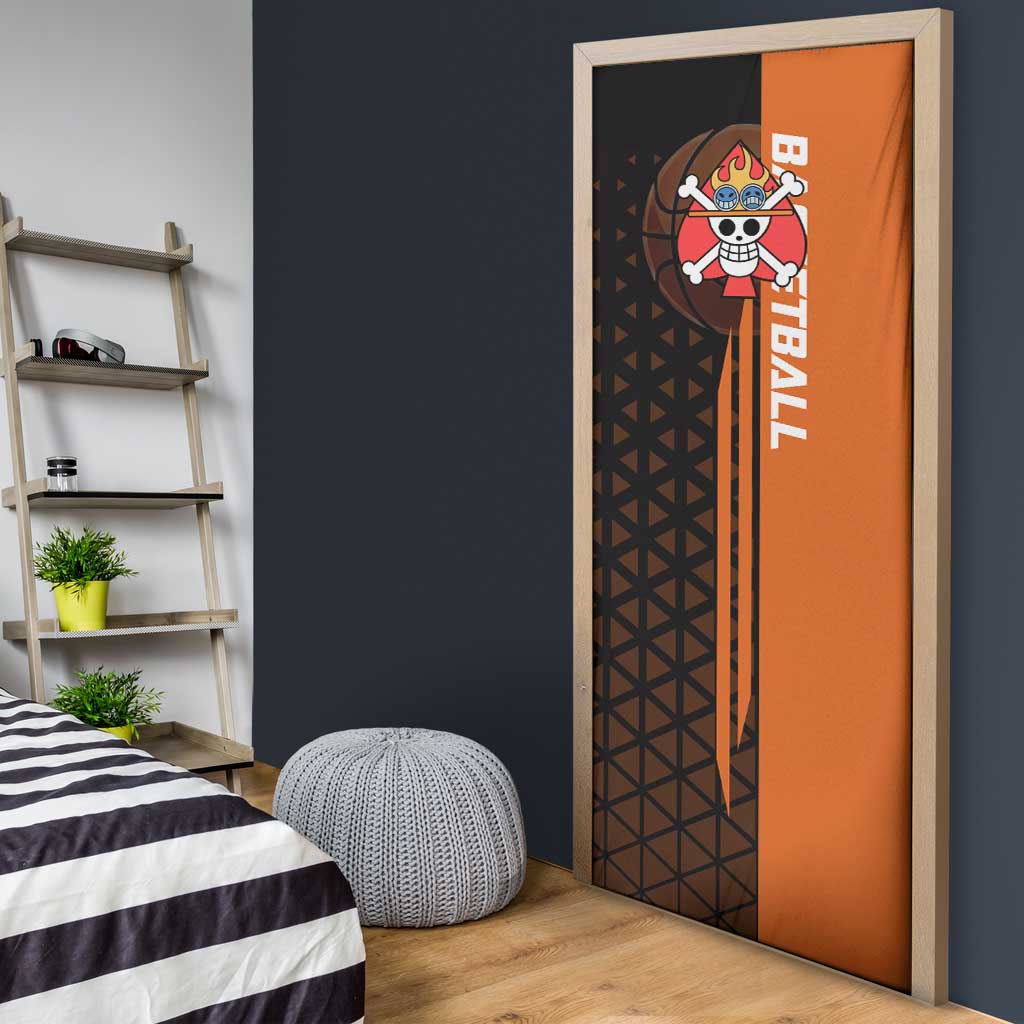 Portgas D Ace One Piece Basketball Theme Orange and Black Design Door Cover with Flame Ball and Whitebeard Pirates Emblem - The Mazicc