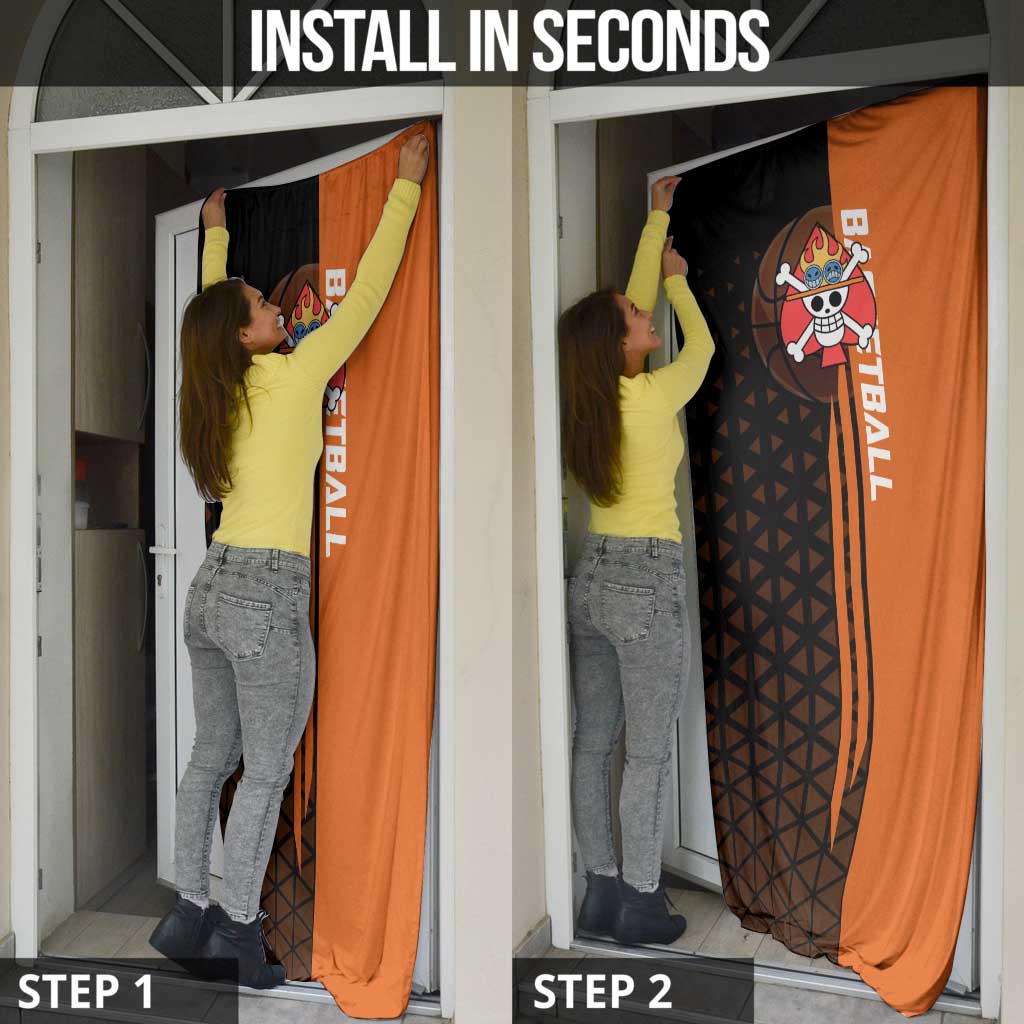 Portgas D Ace One Piece Basketball Theme Orange and Black Design Door Cover with Flame Ball and Whitebeard Pirates Emblem - The Mazicc
