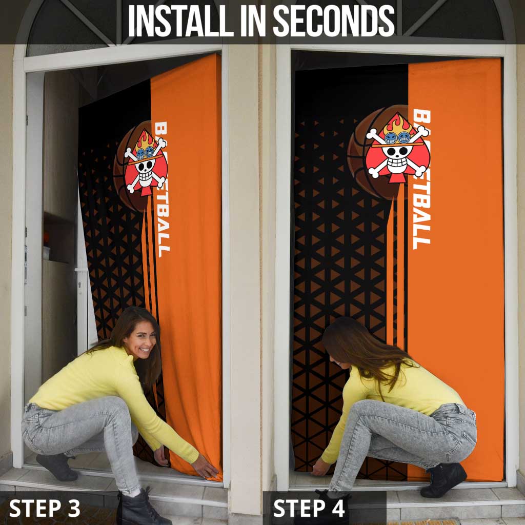 Portgas D Ace One Piece Basketball Theme Orange and Black Design Door Cover with Flame Ball and Whitebeard Pirates Emblem - The Mazicc