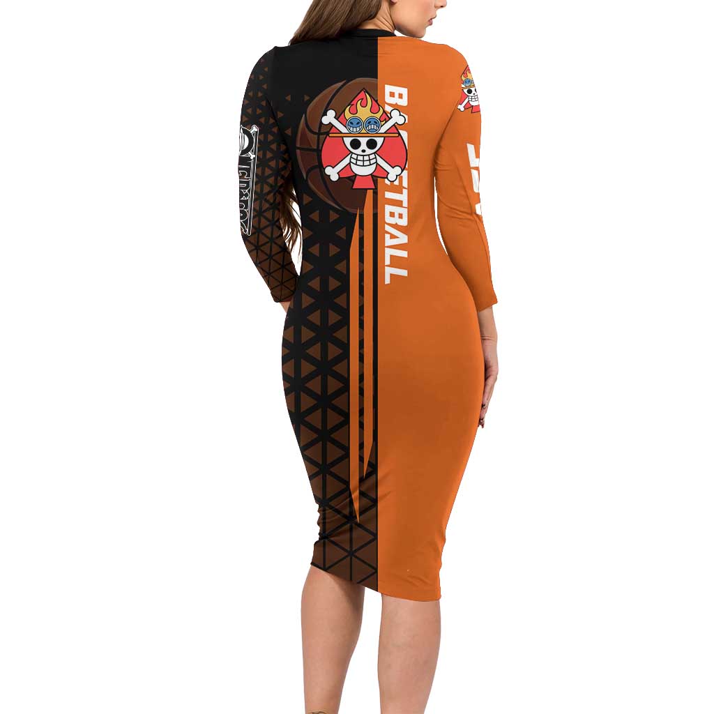Portgas D Ace One Piece Basketball Theme Orange and Black Design Family Matching Long Sleeve Bodycon Dress and Hawaiian Shirt with Flame Ball and Whitebeard Pirates Emblem