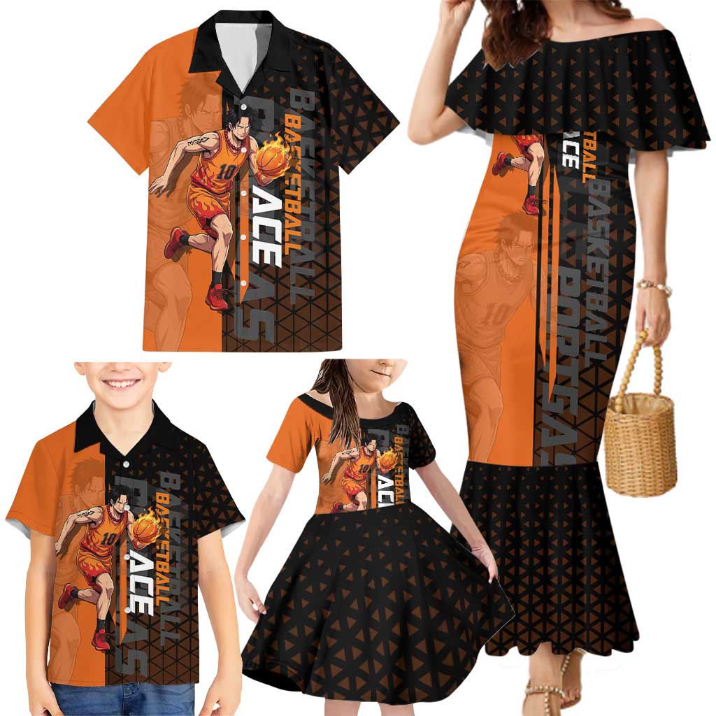 Portgas D Ace One Piece Basketball Theme Orange and Black Design Family Matching Mermaid Dress and Hawaiian Shirt with Flame Ball and Whitebeard Pirates Emblem