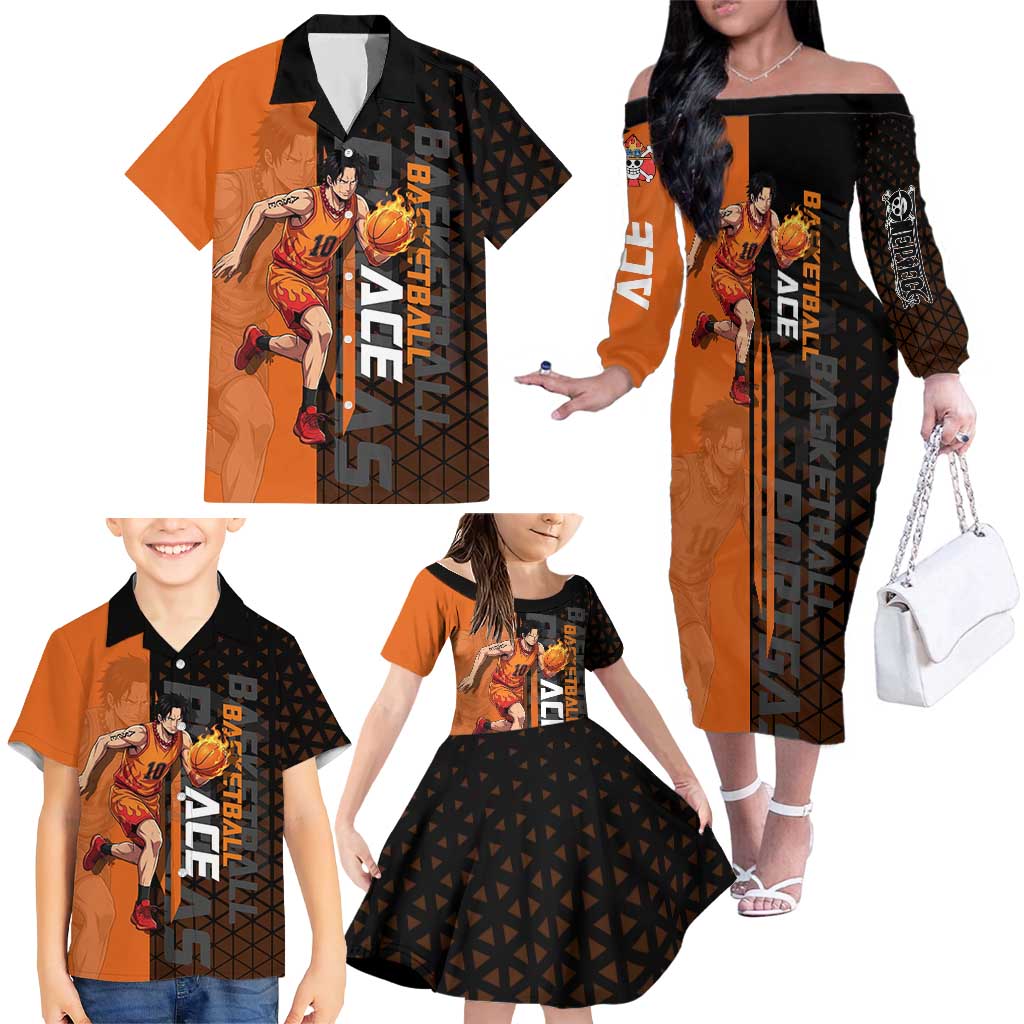 Portgas D Ace One Piece Basketball Theme Orange and Black Design Family Matching Off The Shoulder Long Sleeve Dress and Hawaiian Shirt with Flame Ball and Whitebeard Pirates Emblem