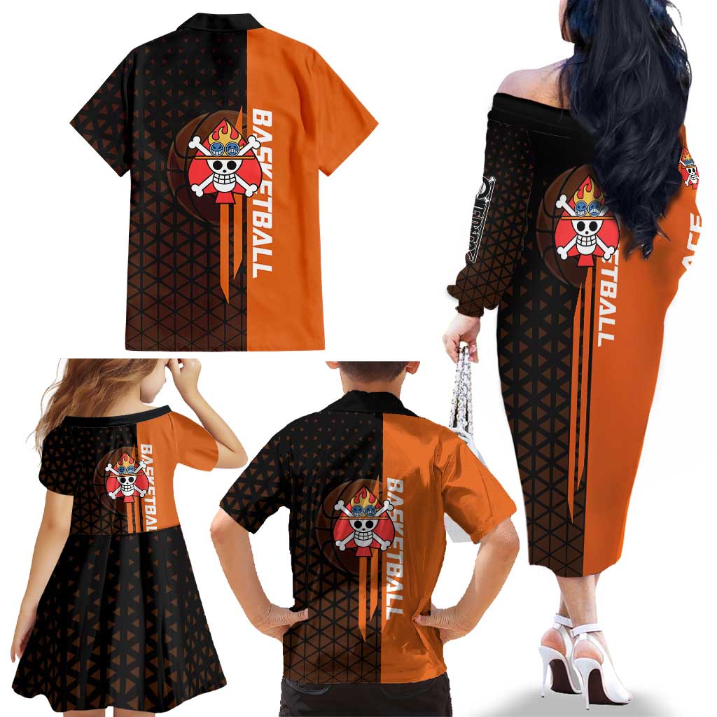 Portgas D Ace One Piece Basketball Theme Orange and Black Design Family Matching Off The Shoulder Long Sleeve Dress and Hawaiian Shirt with Flame Ball and Whitebeard Pirates Emblem