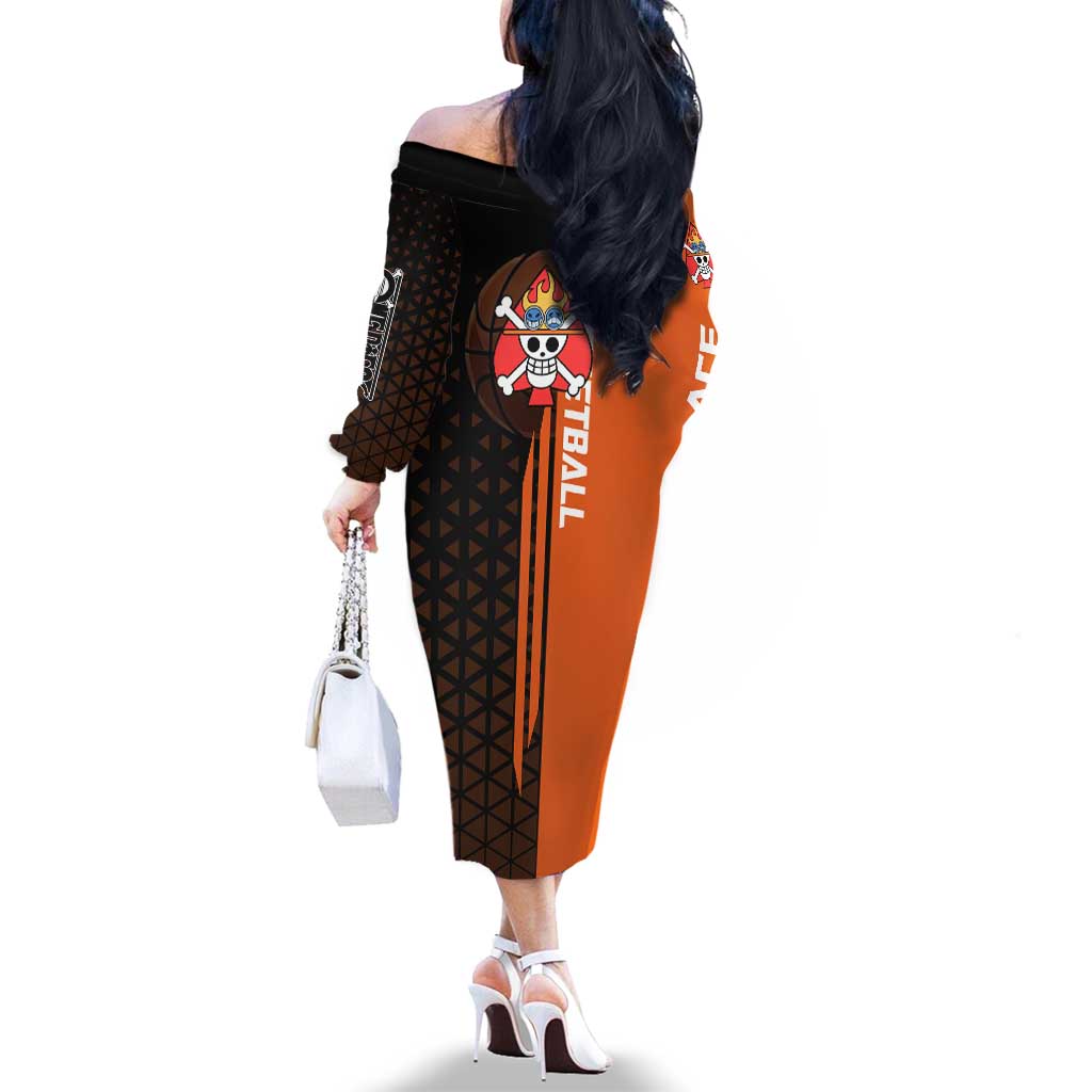 Portgas D Ace One Piece Basketball Theme Orange and Black Design Family Matching Off The Shoulder Long Sleeve Dress and Hawaiian Shirt with Flame Ball and Whitebeard Pirates Emblem