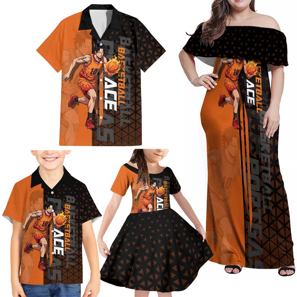 Portgas D Ace One Piece Basketball Theme Orange and Black Design Family Matching Off Shoulder Maxi Dress and Hawaiian Shirt with Flame Ball and Whitebeard Pirates Emblem