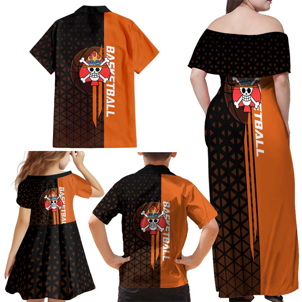 Portgas D Ace One Piece Basketball Theme Orange and Black Design Family Matching Off Shoulder Maxi Dress and Hawaiian Shirt with Flame Ball and Whitebeard Pirates Emblem
