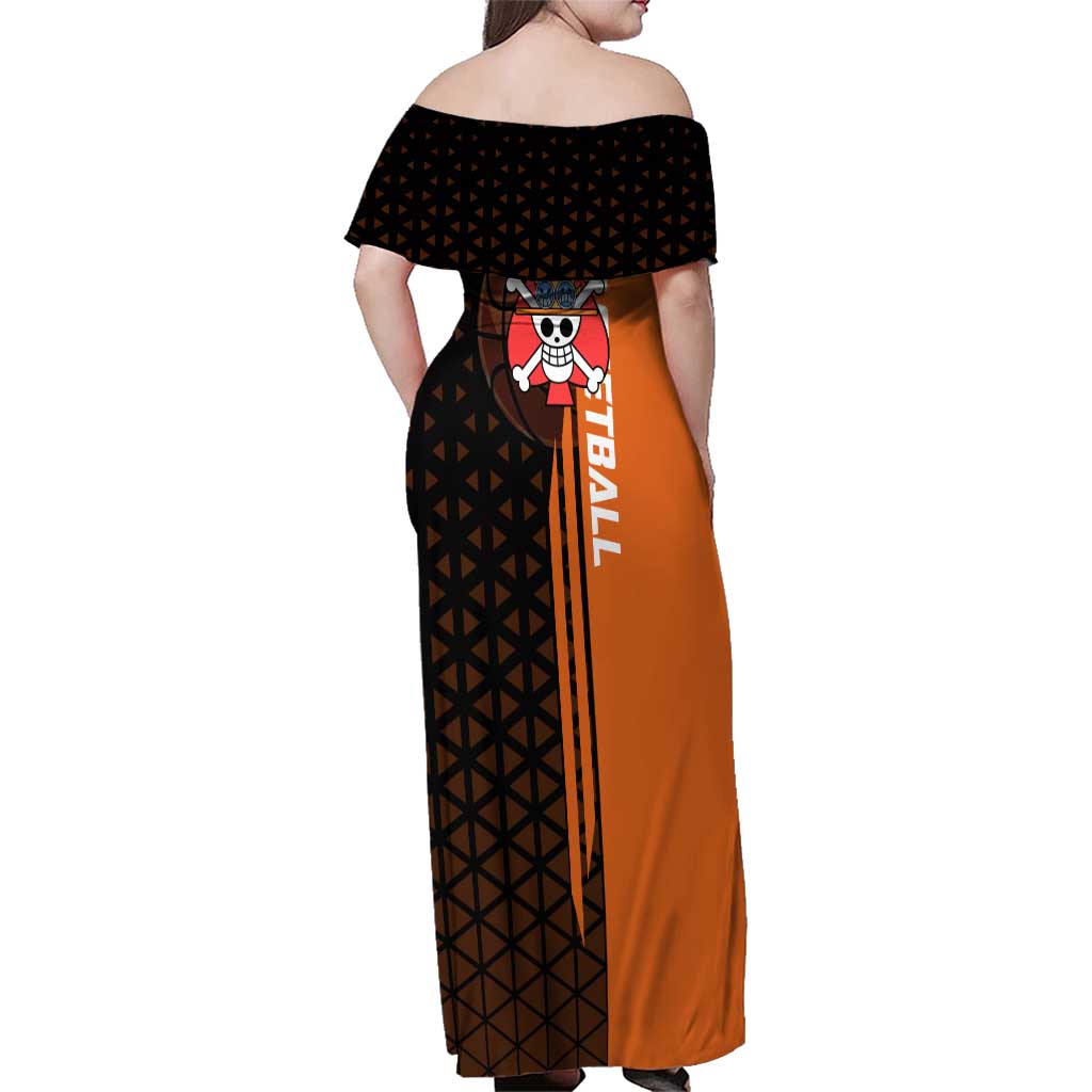 Portgas D Ace One Piece Basketball Theme Orange and Black Design Family Matching Off Shoulder Maxi Dress and Hawaiian Shirt with Flame Ball and Whitebeard Pirates Emblem