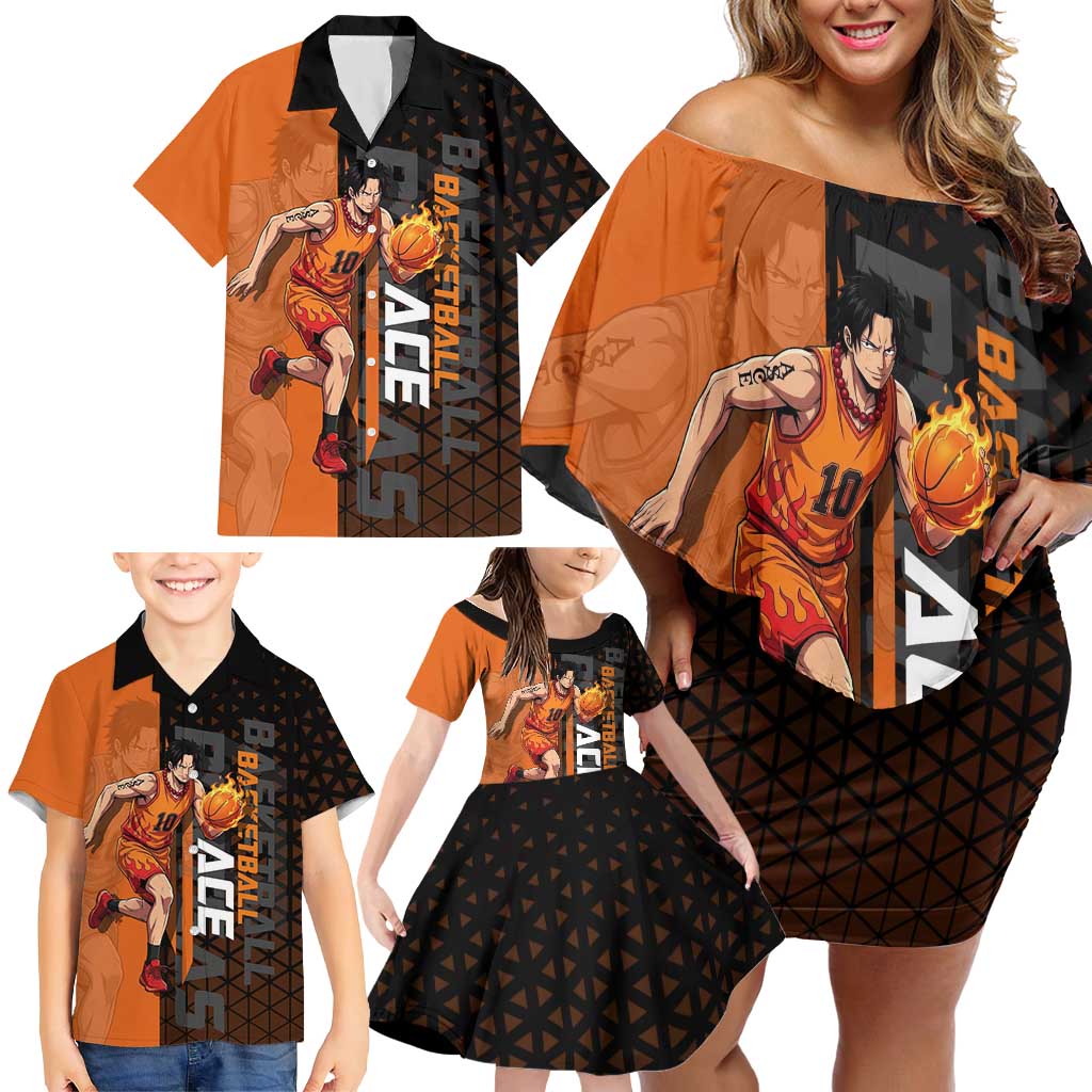 Portgas D Ace One Piece Basketball Theme Orange and Black Design Family Matching Off Shoulder Short Dress and Hawaiian Shirt with Flame Ball and Whitebeard Pirates Emblem