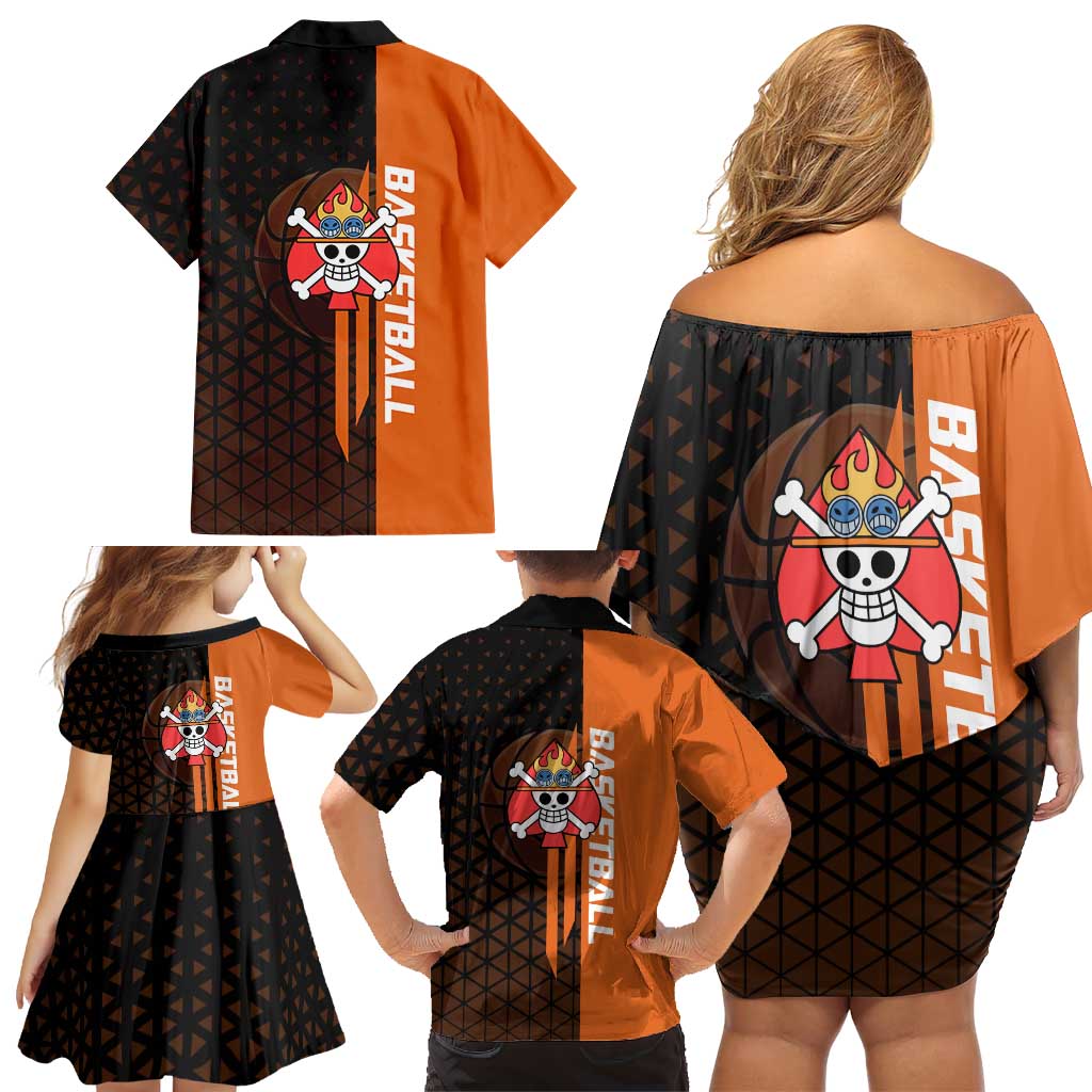 Portgas D Ace One Piece Basketball Theme Orange and Black Design Family Matching Off Shoulder Short Dress and Hawaiian Shirt with Flame Ball and Whitebeard Pirates Emblem