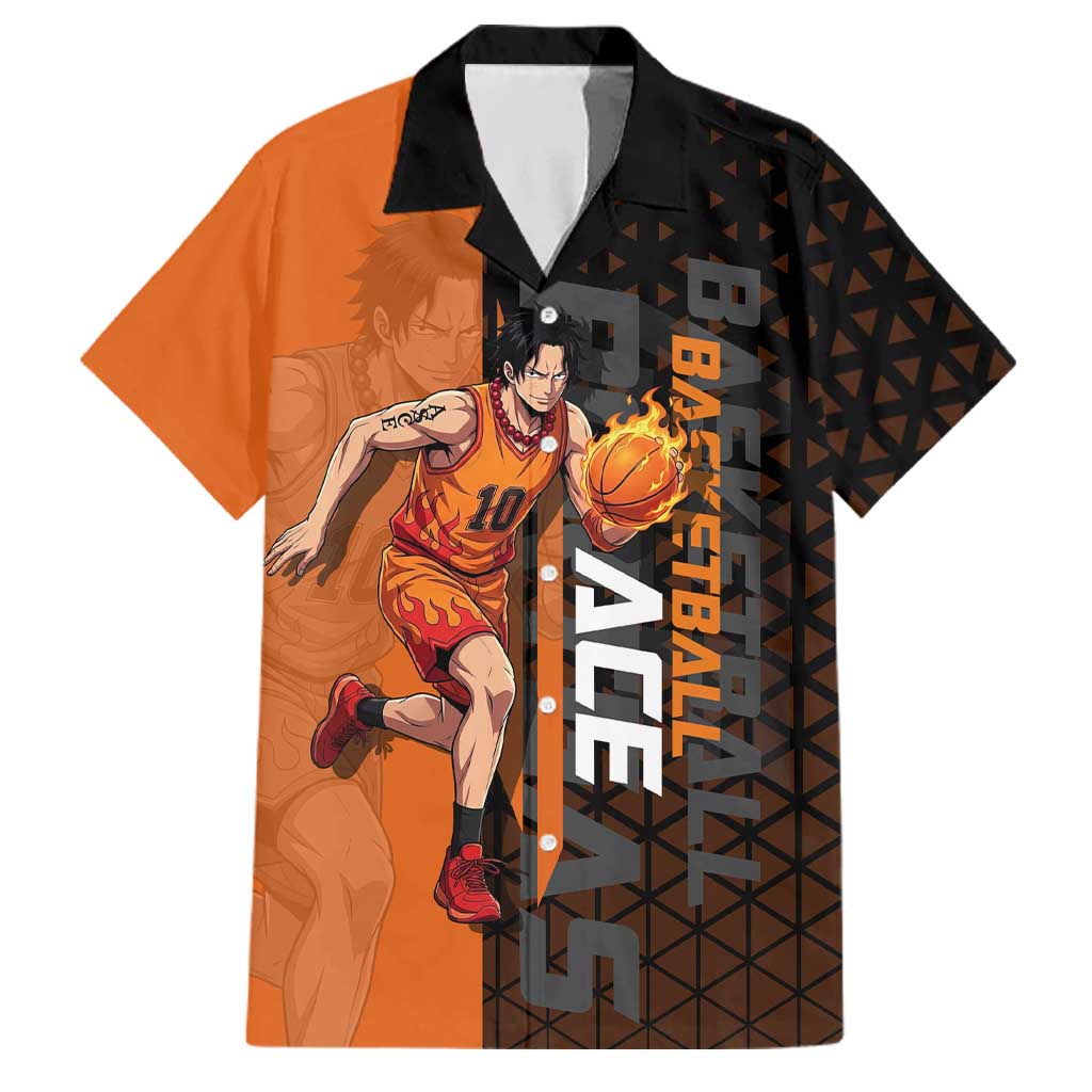 Portgas D Ace One Piece Basketball Theme Orange and Black Design Family Matching Off Shoulder Short Dress and Hawaiian Shirt with Flame Ball and Whitebeard Pirates Emblem