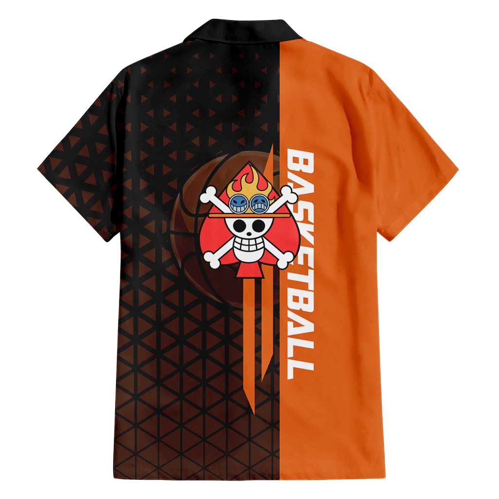 Portgas D Ace One Piece Basketball Theme Orange and Black Design Family Matching Off Shoulder Short Dress and Hawaiian Shirt with Flame Ball and Whitebeard Pirates Emblem