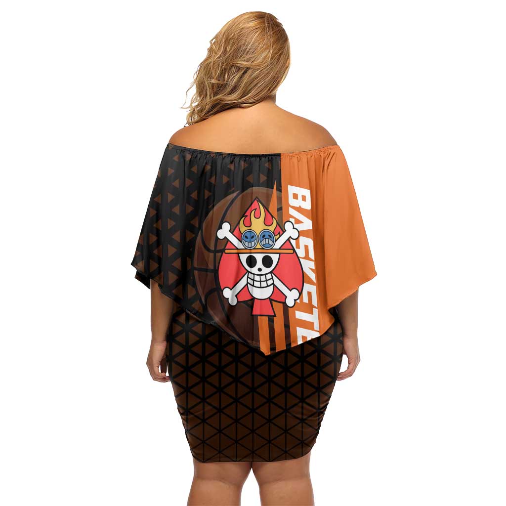 Portgas D Ace One Piece Basketball Theme Orange and Black Design Family Matching Off Shoulder Short Dress and Hawaiian Shirt with Flame Ball and Whitebeard Pirates Emblem