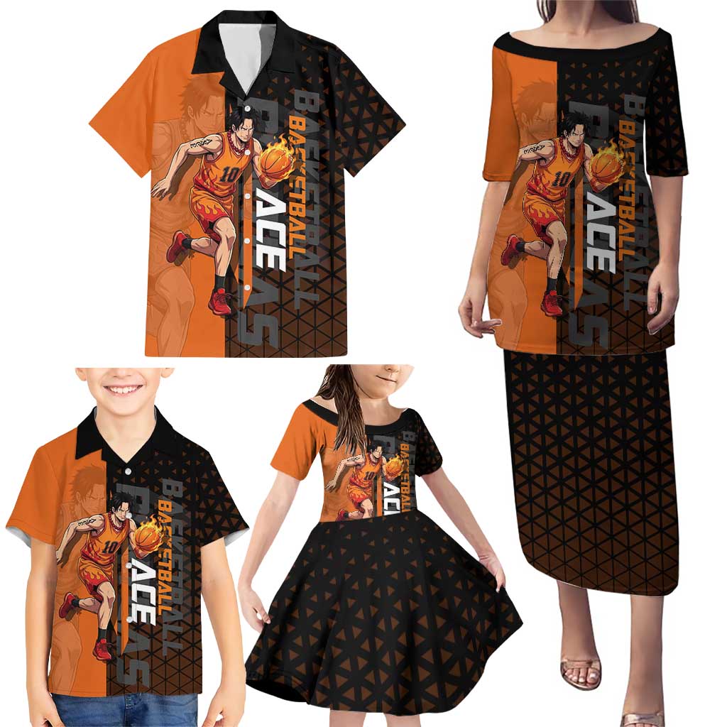 Portgas D Ace One Piece Basketball Theme Orange and Black Design Family Matching Puletasi and Hawaiian Shirt with Flame Ball and Whitebeard Pirates Emblem