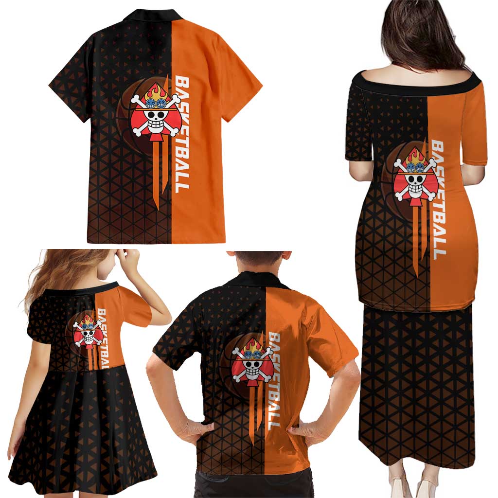 Portgas D Ace One Piece Basketball Theme Orange and Black Design Family Matching Puletasi and Hawaiian Shirt with Flame Ball and Whitebeard Pirates Emblem