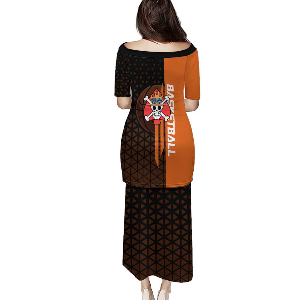 Portgas D Ace One Piece Basketball Theme Orange and Black Design Family Matching Puletasi and Hawaiian Shirt with Flame Ball and Whitebeard Pirates Emblem