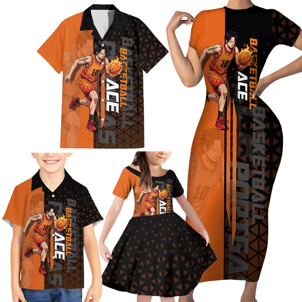 Portgas D Ace One Piece Basketball Theme Orange and Black Design Family Matching Short Sleeve Bodycon Dress and Hawaiian Shirt with Flame Ball and Whitebeard Pirates Emblem