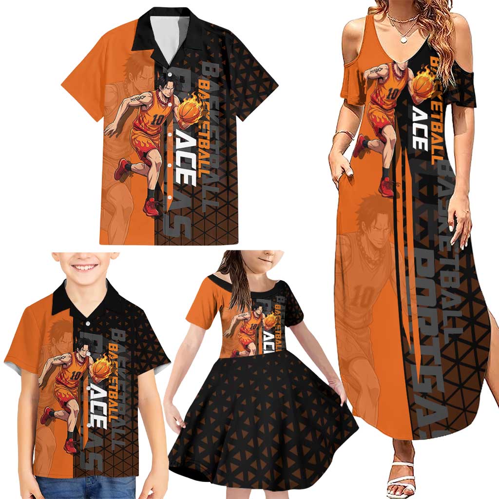 Portgas D Ace One Piece Basketball Theme Orange and Black Design Family Matching Summer Maxi Dress and Hawaiian Shirt with Flame Ball and Whitebeard Pirates Emblem