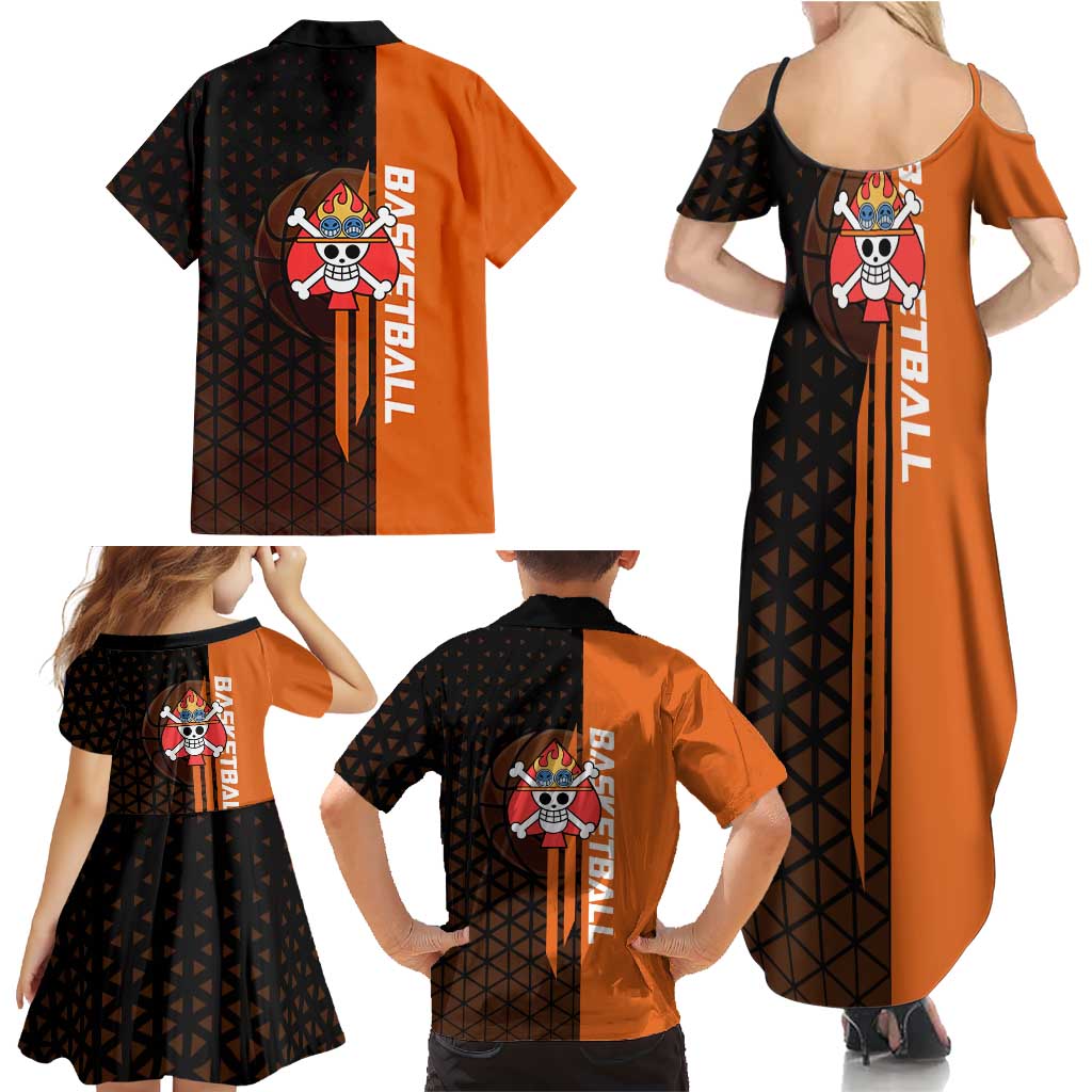 Portgas D Ace One Piece Basketball Theme Orange and Black Design Family Matching Summer Maxi Dress and Hawaiian Shirt with Flame Ball and Whitebeard Pirates Emblem
