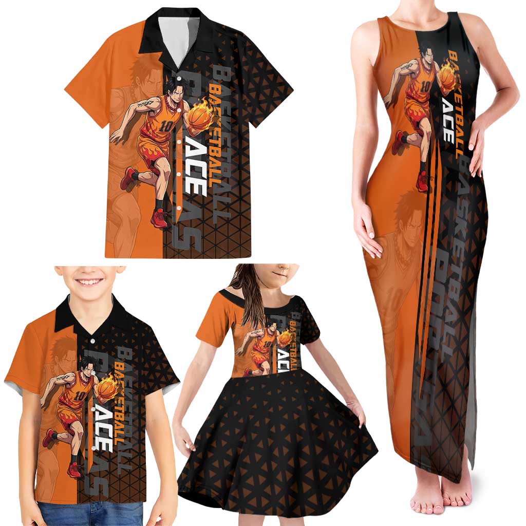 Portgas D Ace One Piece Basketball Theme Orange and Black Design Family Matching Tank Maxi Dress and Hawaiian Shirt with Flame Ball and Whitebeard Pirates Emblem
