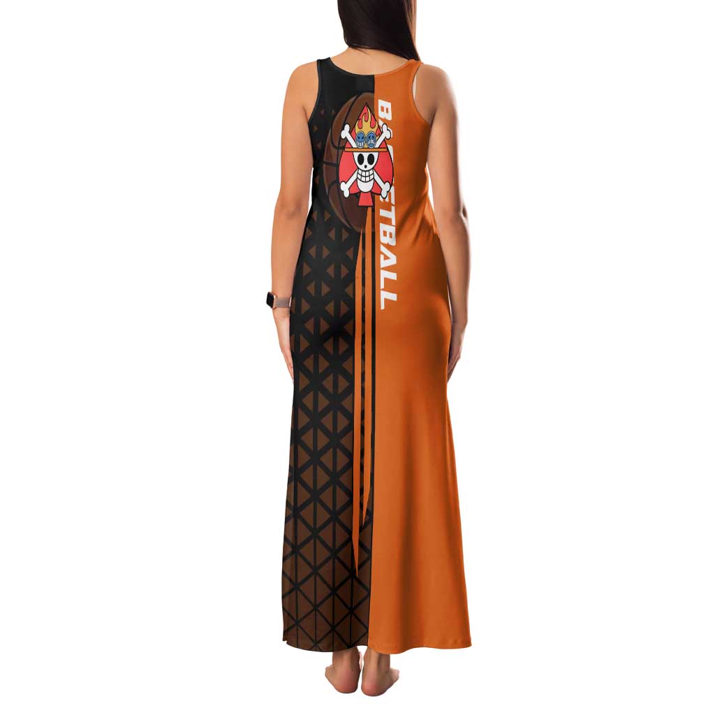 Portgas D Ace One Piece Basketball Theme Orange and Black Design Family Matching Tank Maxi Dress and Hawaiian Shirt with Flame Ball and Whitebeard Pirates Emblem