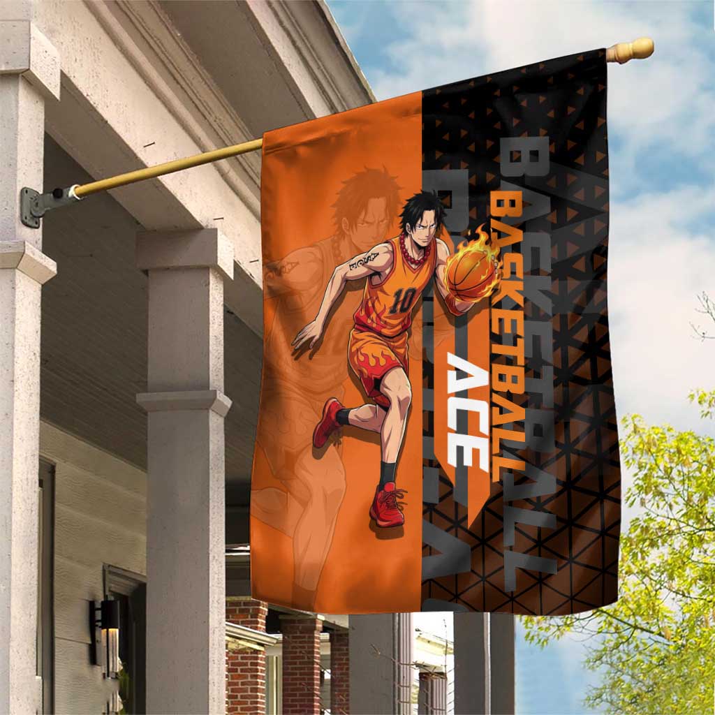 Portgas D Ace One Piece Basketball Theme Orange and Black Design Garden Flag with Flame Ball and Whitebeard Pirates Emblem - The Mazicc