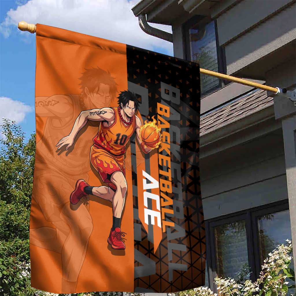 Portgas D Ace One Piece Basketball Theme Orange and Black Design Garden Flag with Flame Ball and Whitebeard Pirates Emblem - The Mazicc