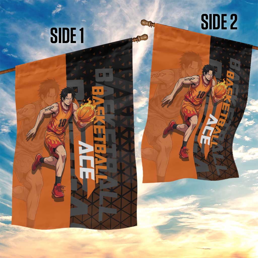 Portgas D Ace One Piece Basketball Theme Orange and Black Design Garden Flag with Flame Ball and Whitebeard Pirates Emblem - The Mazicc