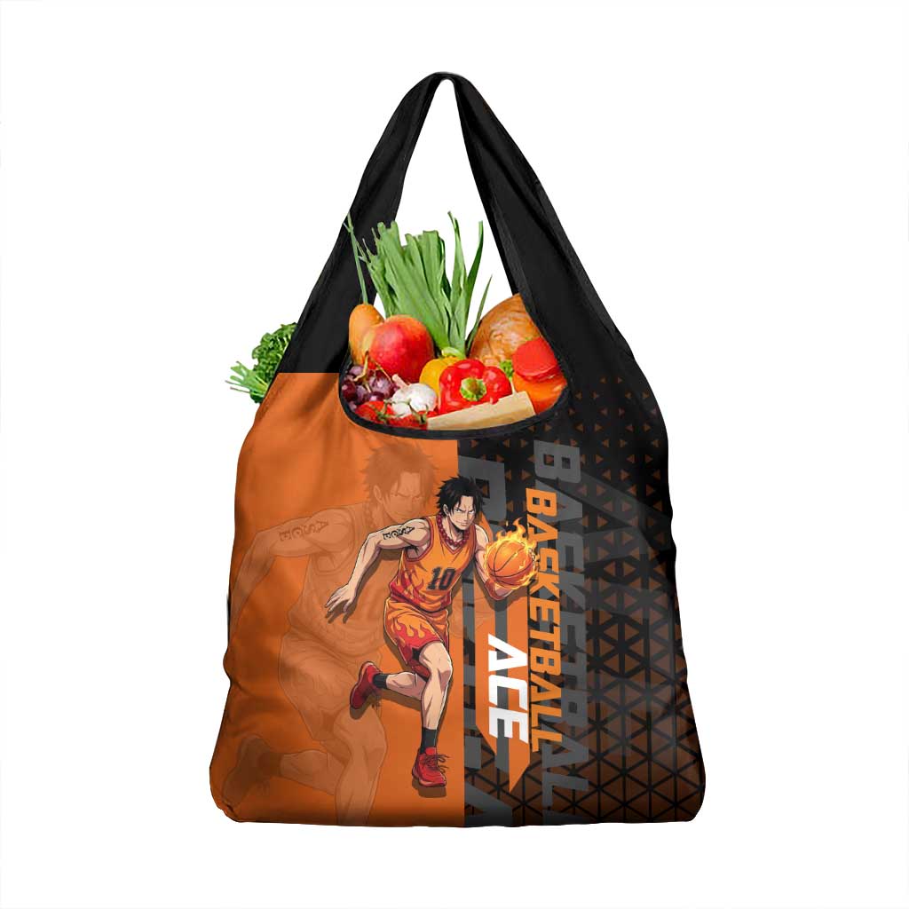 Portgas D Ace One Piece Basketball Theme Orange and Black Design Grocery Bag with Flame Ball and Whitebeard Pirates Emblem - The Mazicc