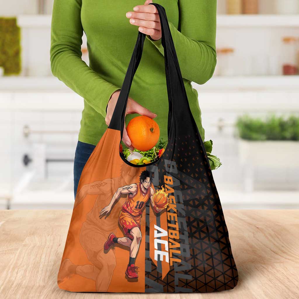 Portgas D Ace One Piece Basketball Theme Orange and Black Design Grocery Bag with Flame Ball and Whitebeard Pirates Emblem - The Mazicc