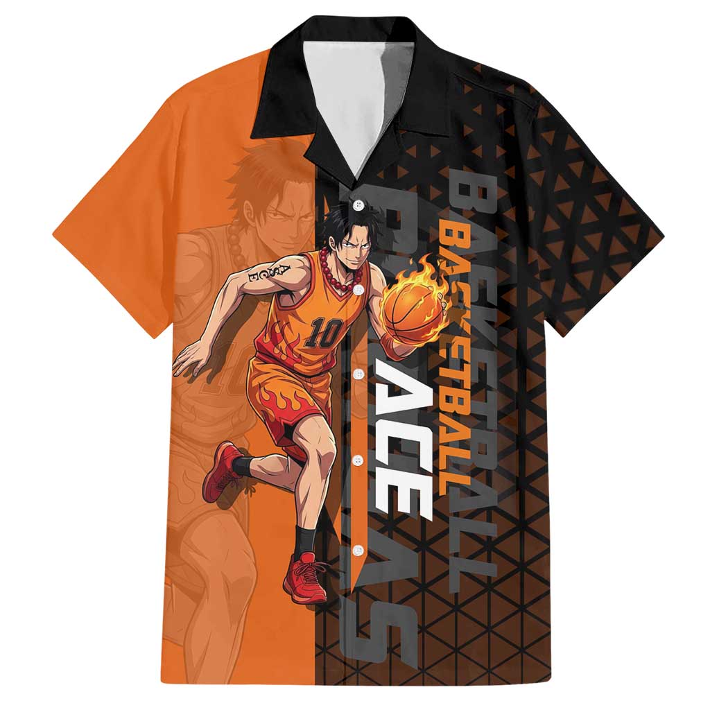 Portgas D Ace One Piece Basketball Theme Orange and Black Design Hawaiian Shirt with Flame Ball and Whitebeard Pirates Emblem - The Mazicc