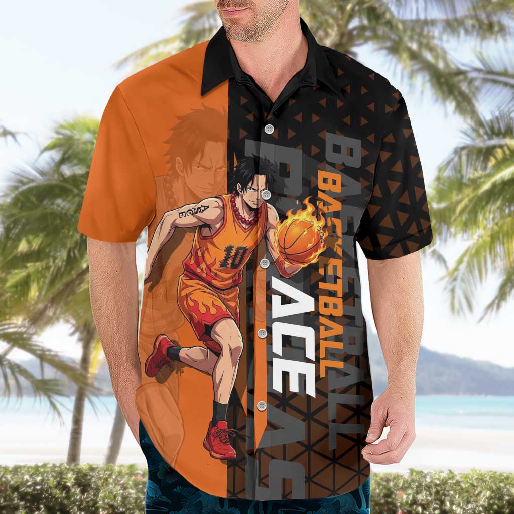 Portgas D Ace One Piece Basketball Theme Orange and Black Design Hawaiian Shirt with Flame Ball and Whitebeard Pirates Emblem - The Mazicc