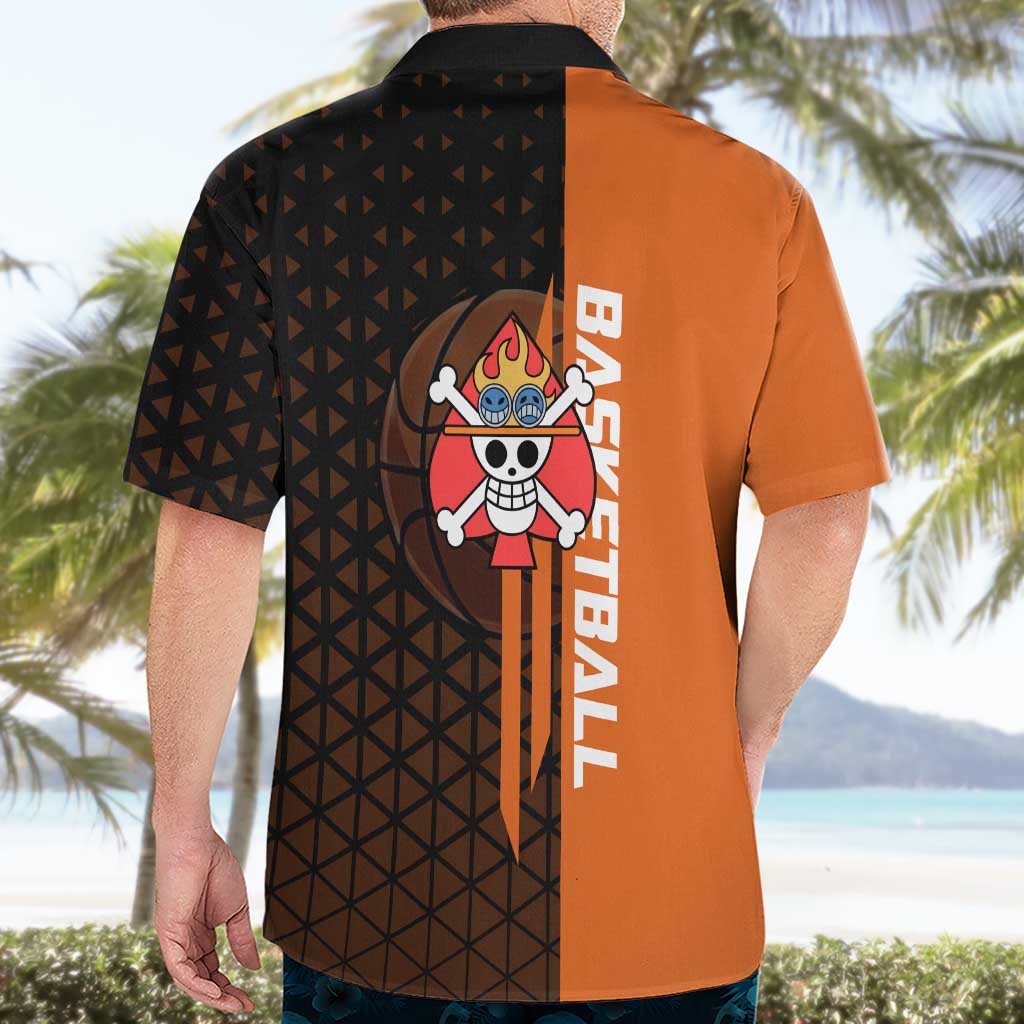 Portgas D Ace One Piece Basketball Theme Orange and Black Design Hawaiian Shirt with Flame Ball and Whitebeard Pirates Emblem - The Mazicc