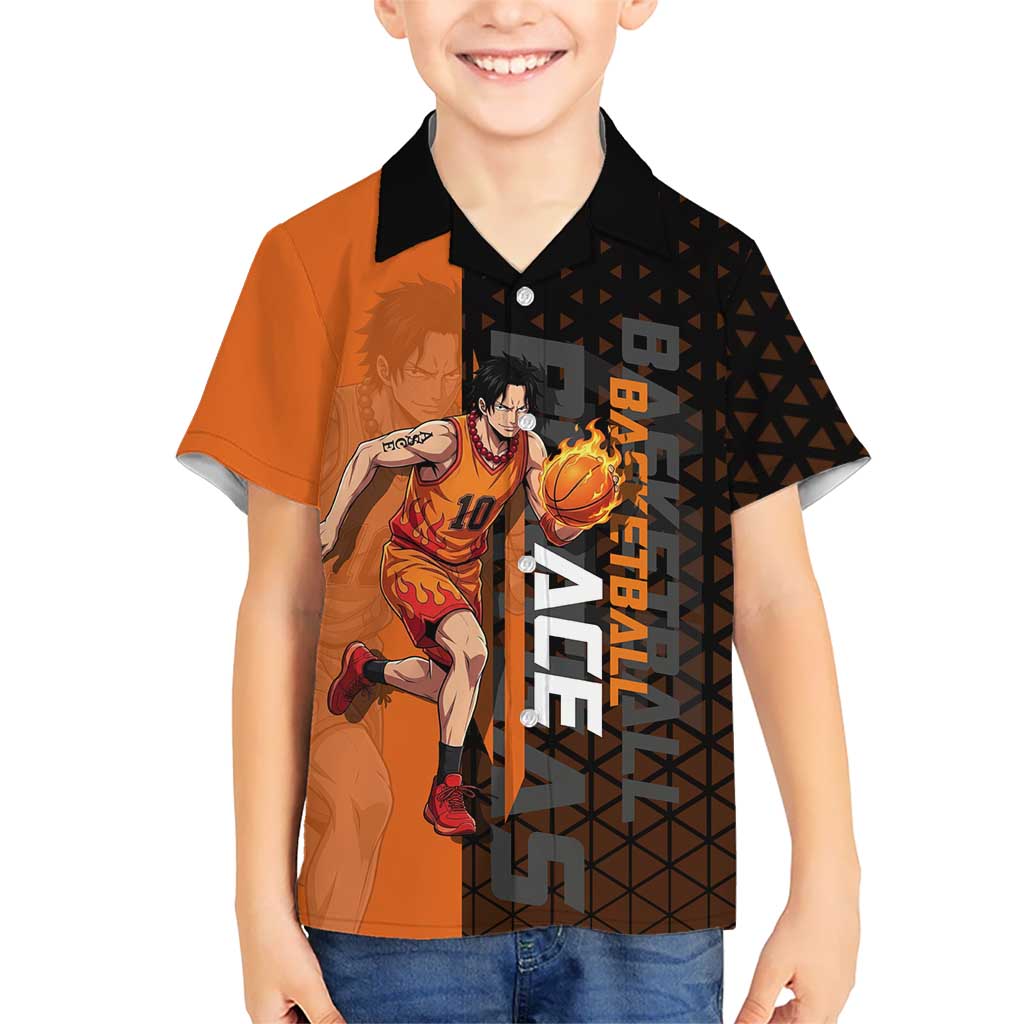 Portgas D Ace One Piece Basketball Theme Orange and Black Design Hawaiian Shirt with Flame Ball and Whitebeard Pirates Emblem - The Mazicc