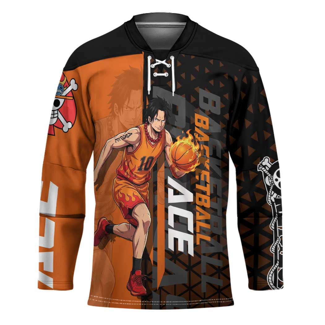 Portgas D Ace One Piece Basketball Theme Orange and Black Design Hockey Jersey with Flame Ball and Whitebeard Pirates Emblem - The Mazicc