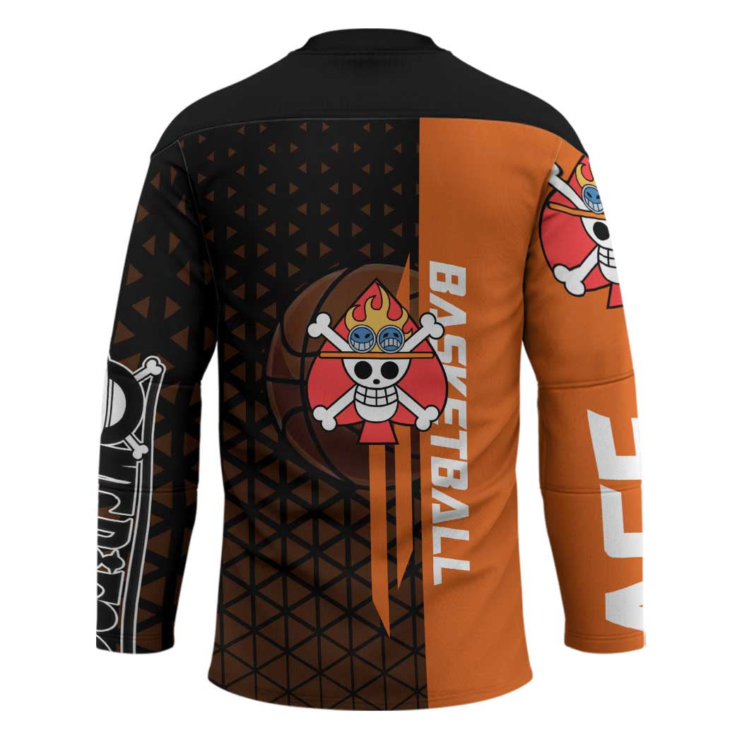 Portgas D Ace One Piece Basketball Theme Orange and Black Design Hockey Jersey with Flame Ball and Whitebeard Pirates Emblem - The Mazicc