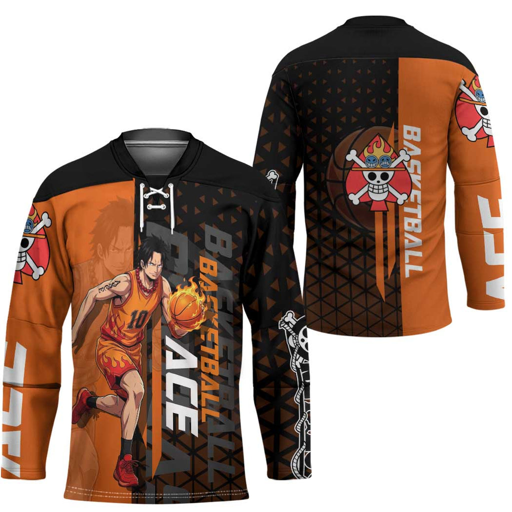 Portgas D Ace One Piece Basketball Theme Orange and Black Design Hockey Jersey with Flame Ball and Whitebeard Pirates Emblem - The Mazicc