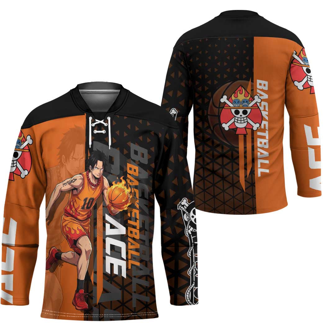 Portgas D Ace One Piece Basketball Theme Orange and Black Design Hockey Jersey with Flame Ball and Whitebeard Pirates Emblem - The Mazicc
