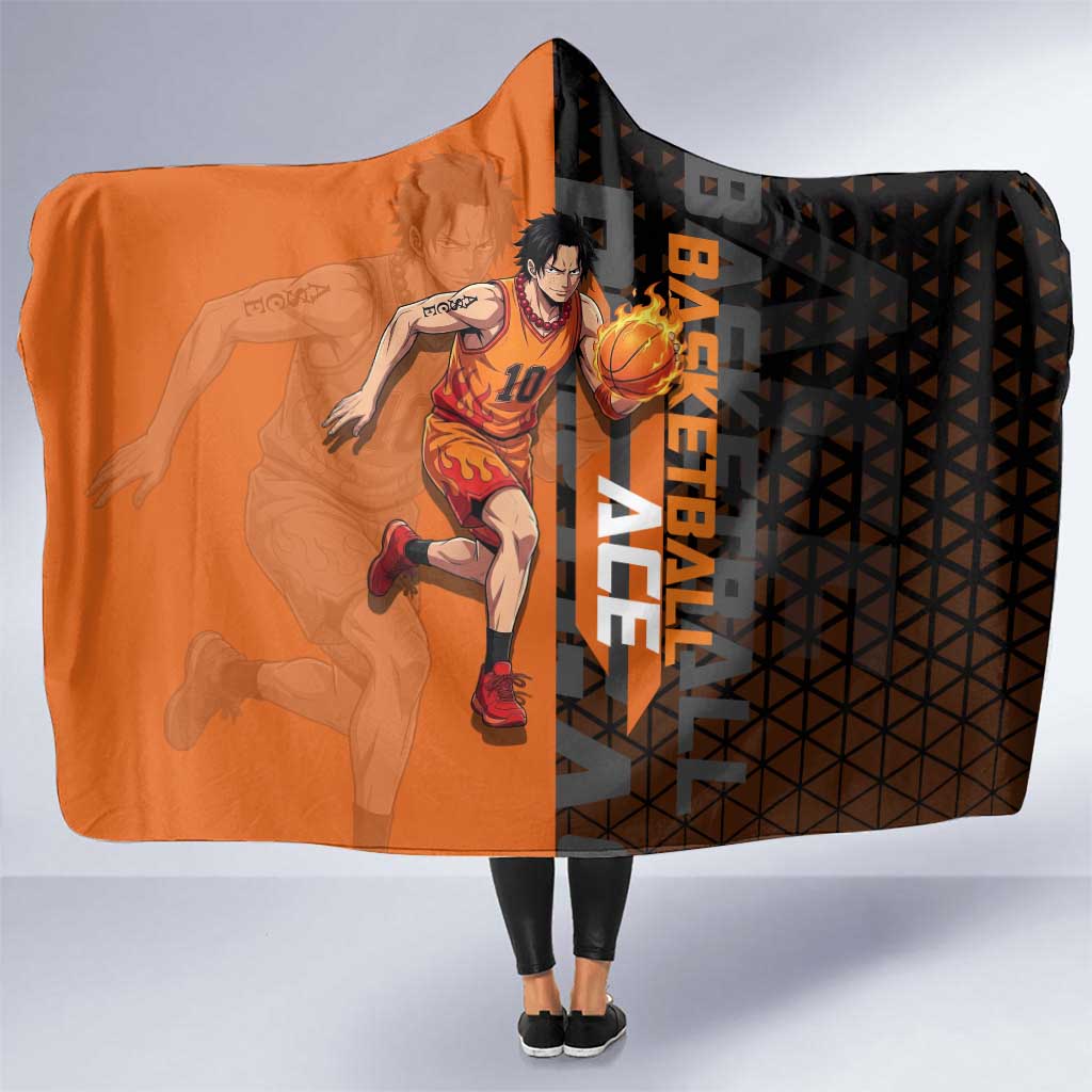Portgas D Ace One Piece Basketball Theme Orange and Black Design Hooded Blanket with Flame Ball and Whitebeard Pirates Emblem - The Mazicc
