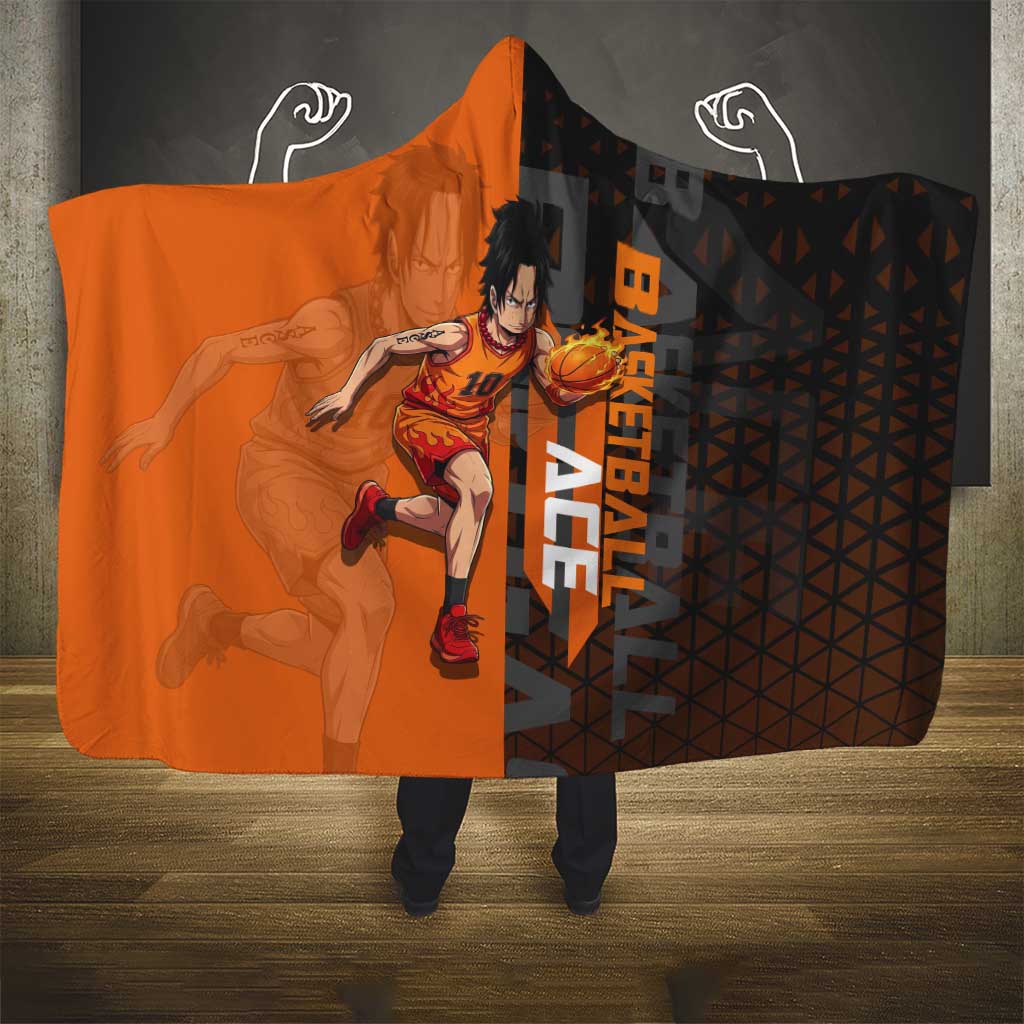 Portgas D Ace One Piece Basketball Theme Orange and Black Design Hooded Blanket with Flame Ball and Whitebeard Pirates Emblem - The Mazicc