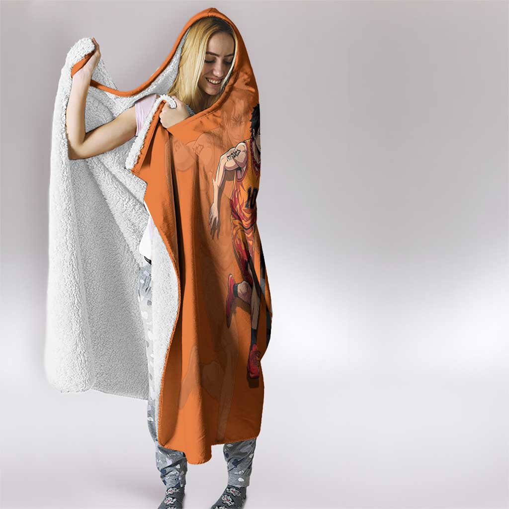 Portgas D Ace One Piece Basketball Theme Orange and Black Design Hooded Blanket with Flame Ball and Whitebeard Pirates Emblem - The Mazicc